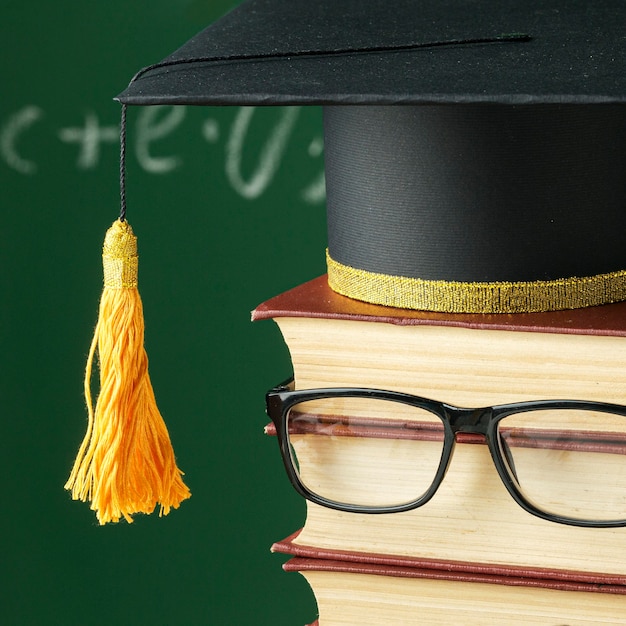 Free photo front view of stacked book with glasses and academic cap