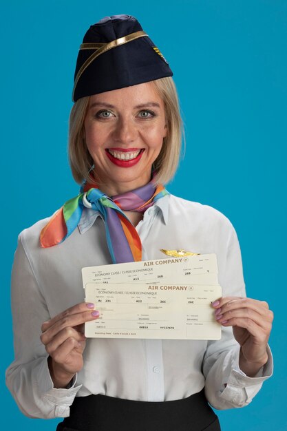 Front view stewardess holding tickets