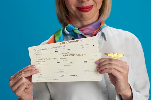 Front view stewardess holding tickets