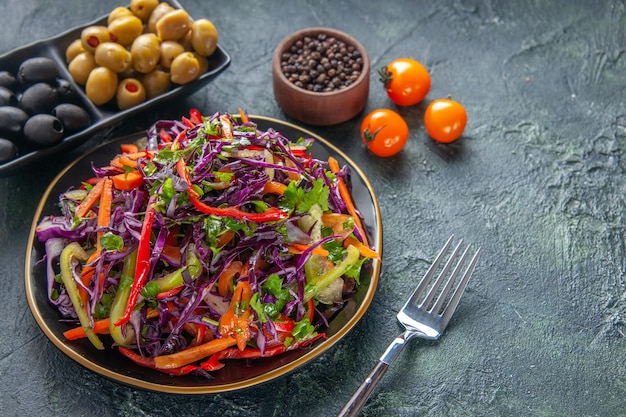 Front view tasty cabbage salad with olives on dark background meal health bread snack lunch holiday food diet