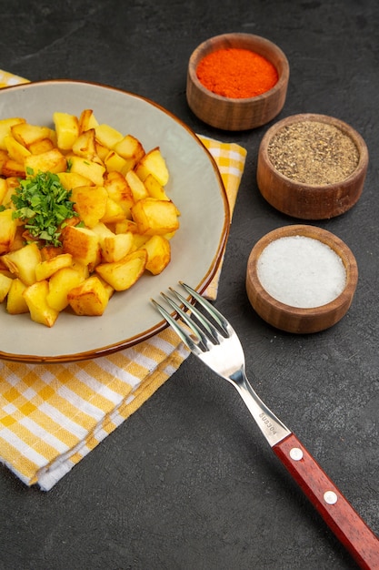 Free Photo front view tasty fried potatoes inside plate with seasonings on dark-grey table