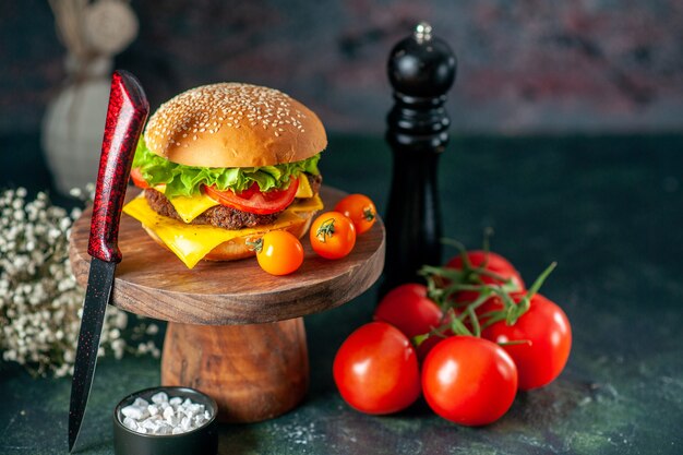 front view tasty meat hamburger with knife tomatoes and pepper shaker on dark background