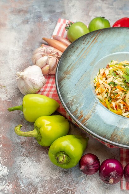 Front view tasty salad with fresh vegetables on a light background dish photo diet food color meal health