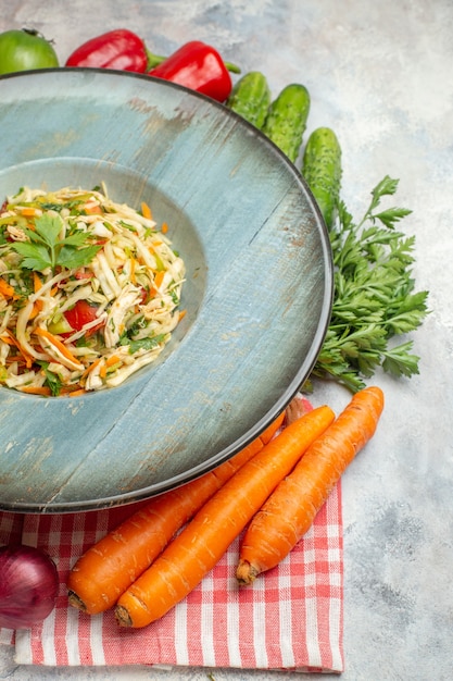 Front view tasty salad with fresh vegetables on light background dish photo diet food color meal health