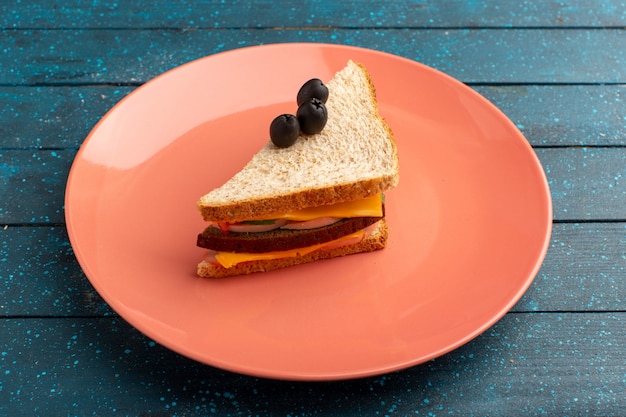 Front view tasty sandwich with olive ham tomatoes inside pink plate on blue