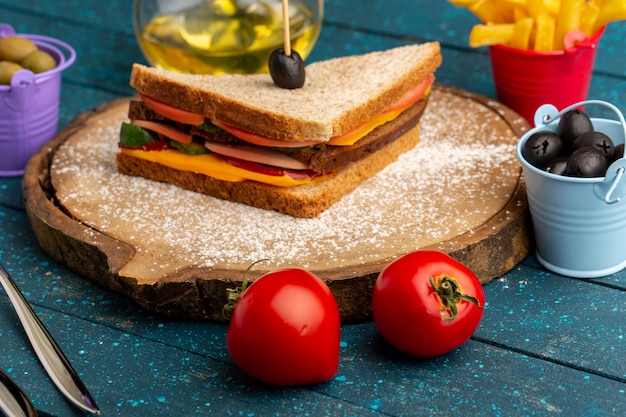 Front view tasty toast sandwich with cheese ham inside with olives french fries oil tomatoes on blue