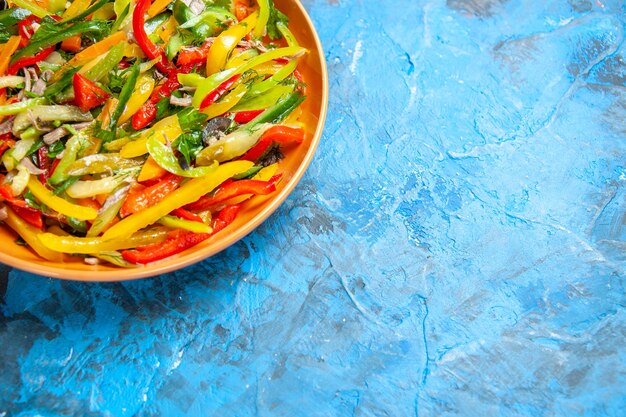 Front view tasty vegetable salad inside plate on blue table