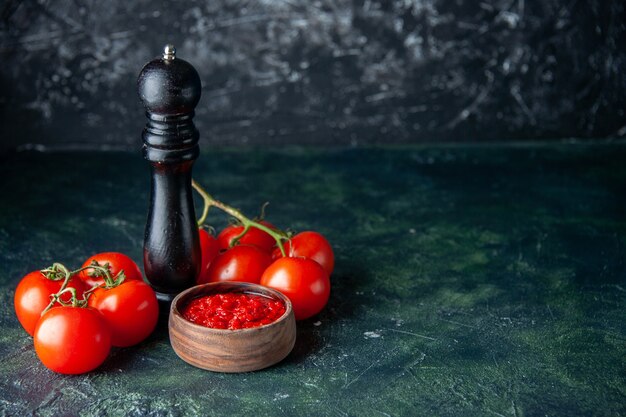 Front view tomato sauce with fresh red tomatoes on dark surface red color seasoning pepper salt