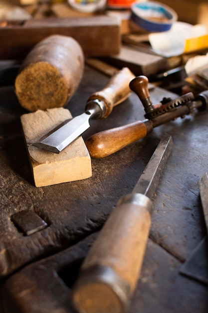 Front view tools on carpentry table