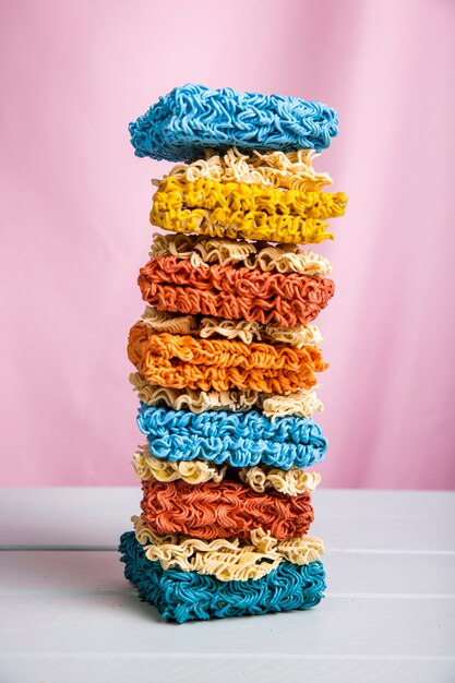 Front view tower of colorful ramen noodles