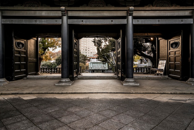 Front view of traditional japanese wooden temple entrance