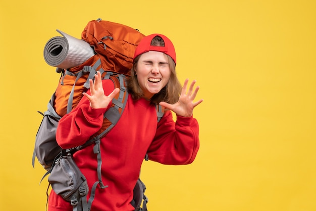 Free photo front view traveller woman in red backpack