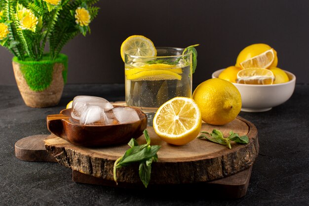 A front view water with lemon fresh cool drink inside glass with green leaves with ice cubes with sliced lemons on the dark