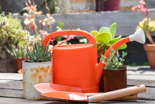 Front view watering can on wooden tabl