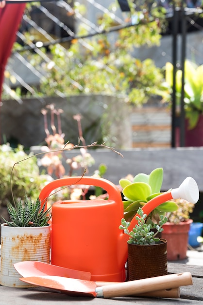 Front view watering can on wooden tabl