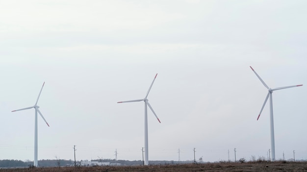 Free Photo front view of wind turbines in the field generating electrical energy