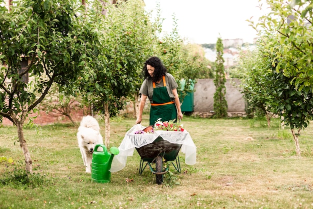 Front view woman carring wheelbarrow