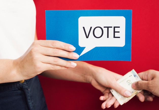 Front view woman encouraging voting