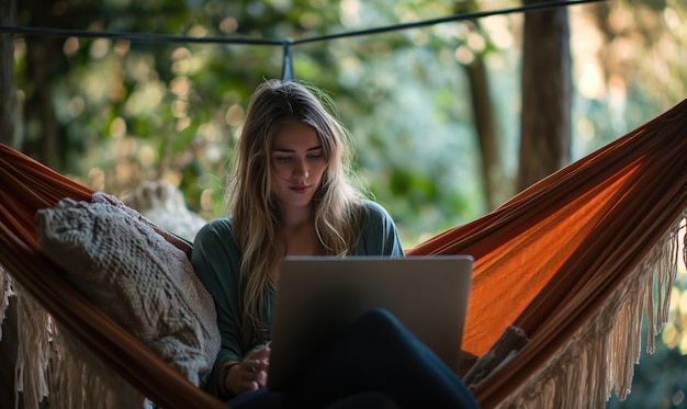 Free photo front view woman in hammock working