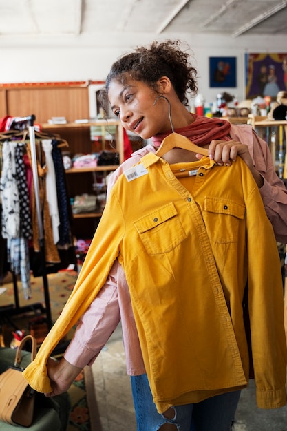 Front view woman holding yellow shirt