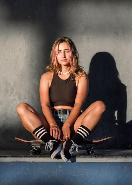 Free photo front view of woman posing on the skateboard