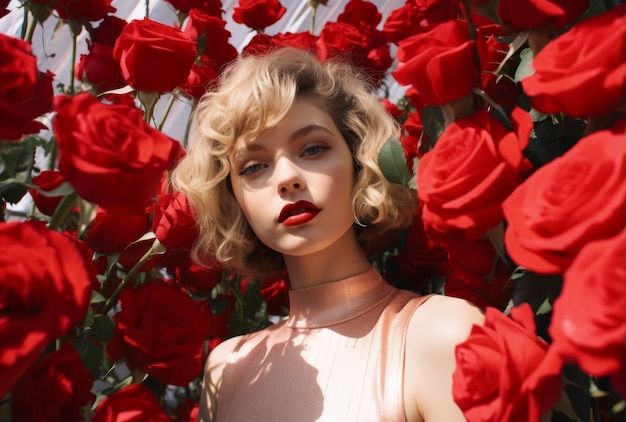 Front view woman posing with beautiful roses