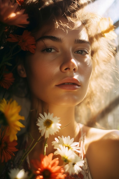 Front view woman posing with flowers