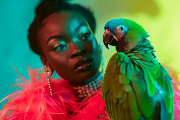 Free Photo front view woman posing with parrot