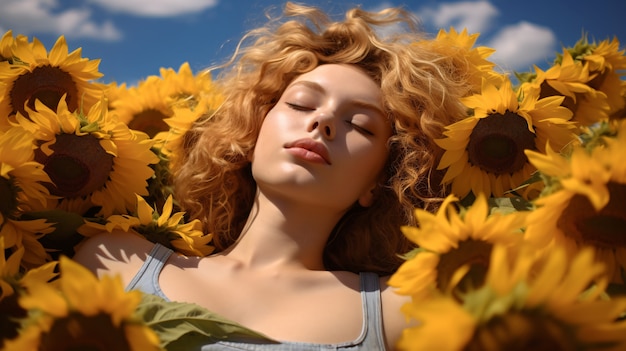 Front view woman posing with sunflower