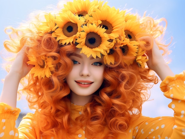 Free photo front view woman posing with sunflower