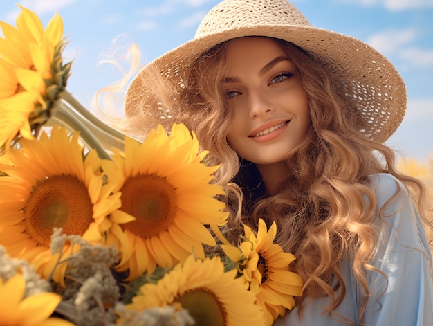 Front view woman posing with sunflower