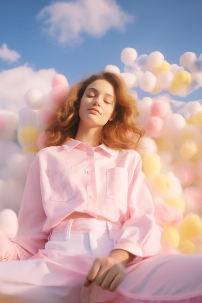 Free photo front view woman sleeping on clouds