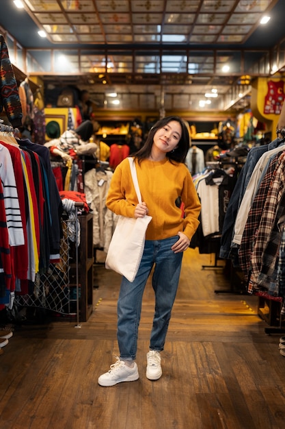 Free Photo front view woman at thrift store