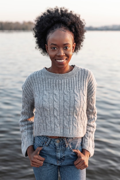 Front view woman wearing casual clothes outside