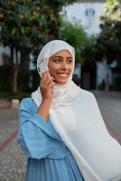 Front view woman wearing halal outdoors