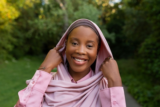 Front view woman wearing halal outdoors