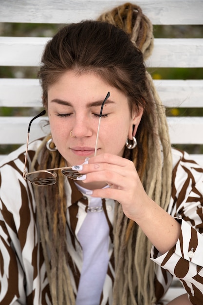 Front view woman with afro dreadlocks