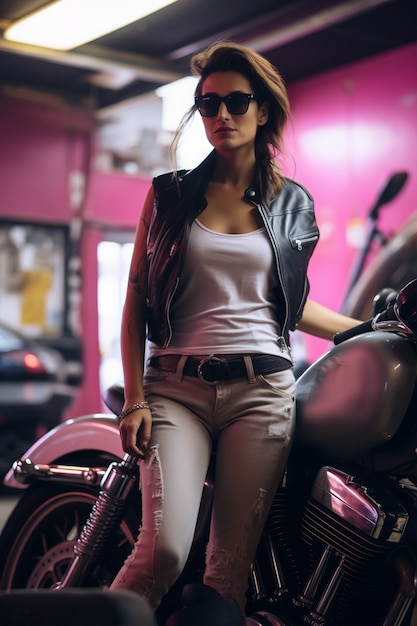 Free photo front view woman with cool motorcycle