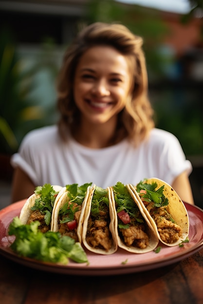 Free photo front view woman with delicious tacos