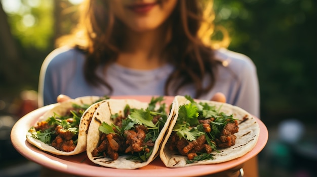 Free photo front view woman with delicious tacos