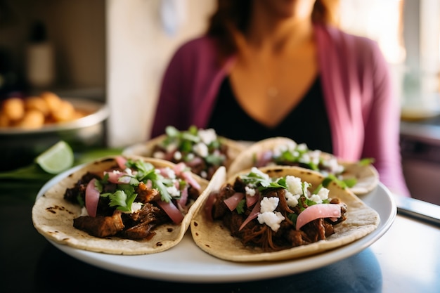 Free photo front view woman with delicious tacos