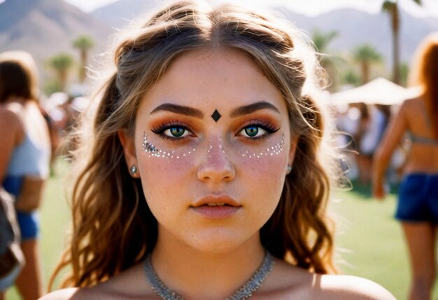 Front view woman with festival look and makeup