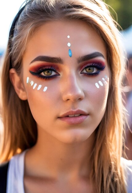 Front view woman with festival look and makeup