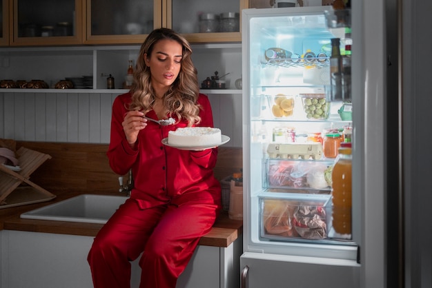 Free photo front view woman with food at night