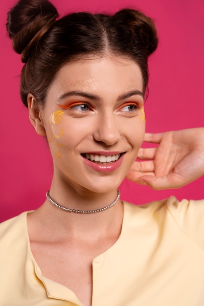 Front view woman with graphic eye makeup