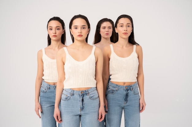 Front view of women in tank tops and jeans posing in minimalist portraits