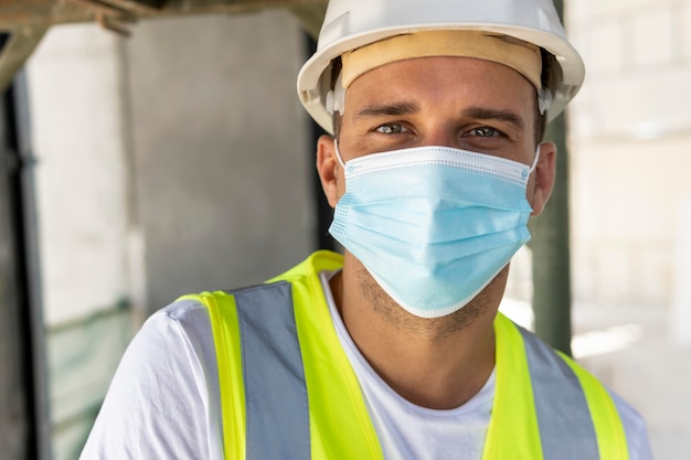 Free Photo front view worker in construction wearing protection gear