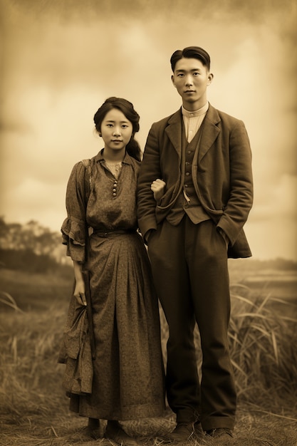 Free Photo front view young couple posing vintage portrait