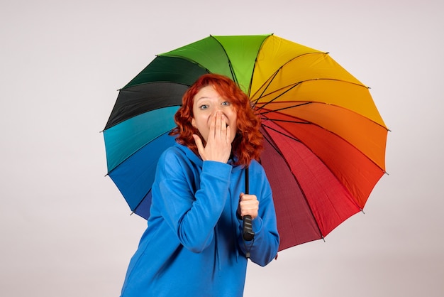 Free photo front view of young female with colorful umbrella on a white wall