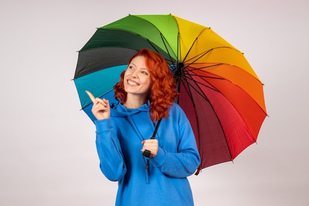 Free photo front view of young female with colorful umbrella on the white wall